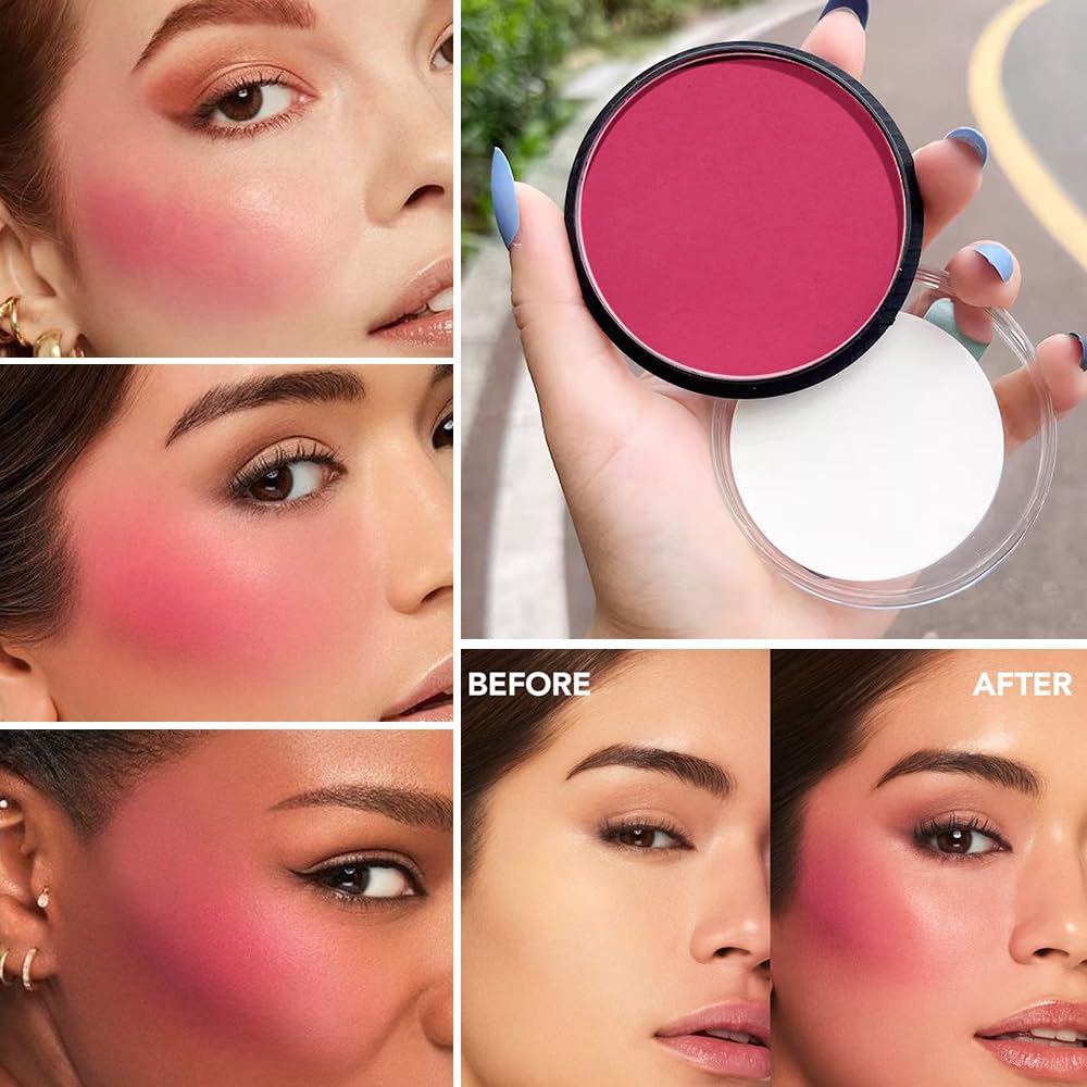 HHLTOH Natural Single Matte for Face Cheeks Blush with Makeup Powder Puff,Bright Red Monochrome Blusher Cream Powder Makeup Palette Blush Long-lasting Color Blendable Foundation for Women Every Day 08