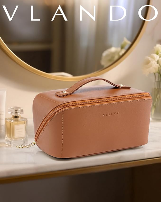 VLANDO Makeup Bag for Women with Open Flat Layout,Zipped TPU Pocket,Brown