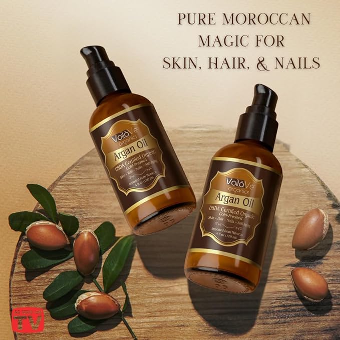 VoilaVe USDA Pure Organic Moroccan Argan Oil for Skin, Nails & Hair Growth, Anti-Aging Face Moisturizer, Cold Pressed, Hair Moisturizer, Rich in Vitamin E, As Seen On TV - 4 fl oz