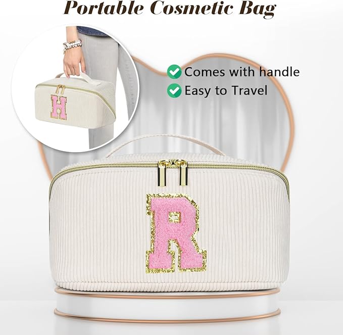 Personalized Initial Makeup Bag,Christmas Gifts for Girl,Preppy Bag Cosmetic Travel Bag Women,Travel Toiletry Organizer,Large Capacity Corduroy Stuff Bag,Cute Cosmetic Pouch Skincare Bag-J