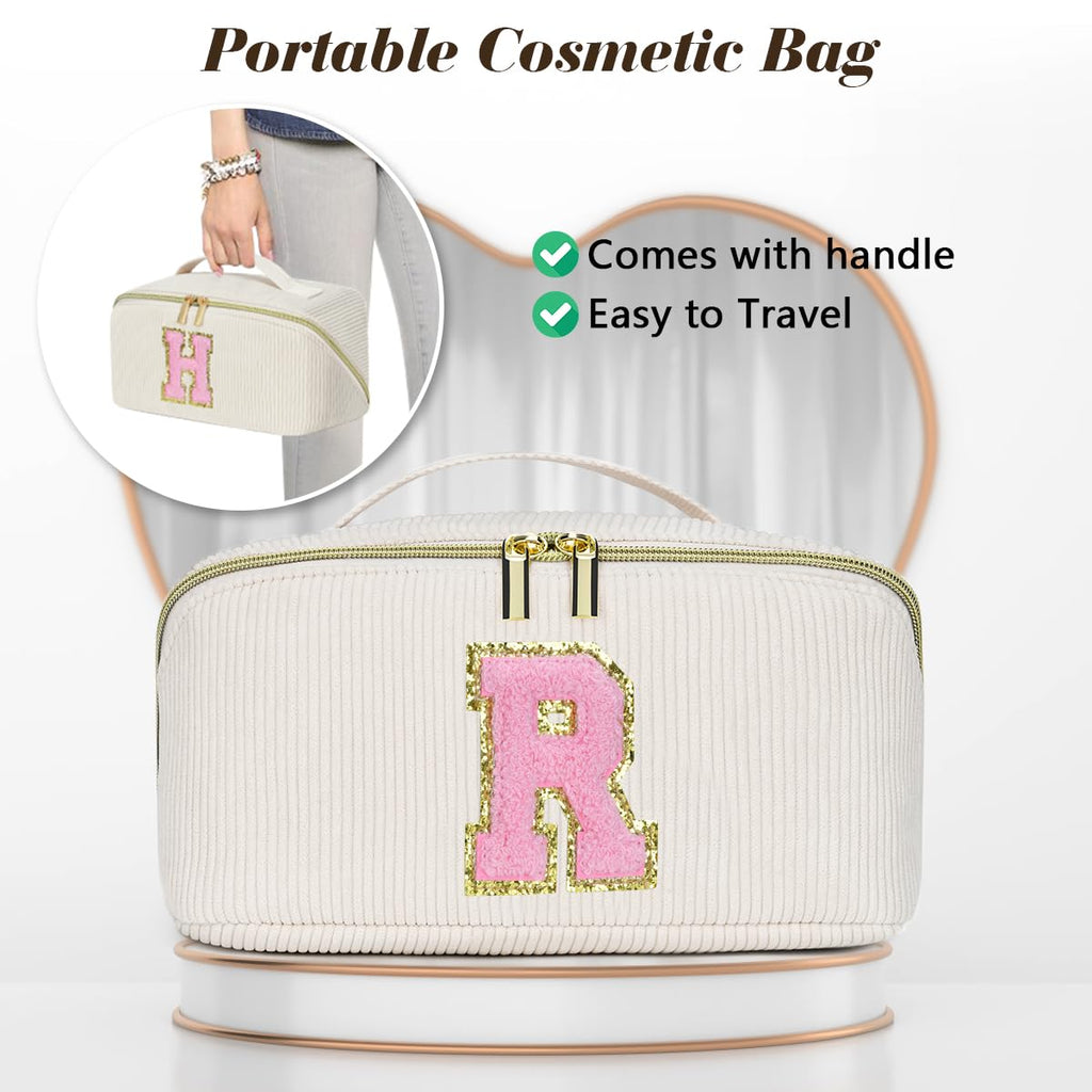 DTBG Personalized Initial Makeup Bag, Valentine's Day Gifts for Girls,Preppy Bag Cosmetic Travel Bag Women,Travel Toiletry Organizer,Large Capacity Corduroy Stuff Bag,Cute Cosmetic Pouch Skincare Bag