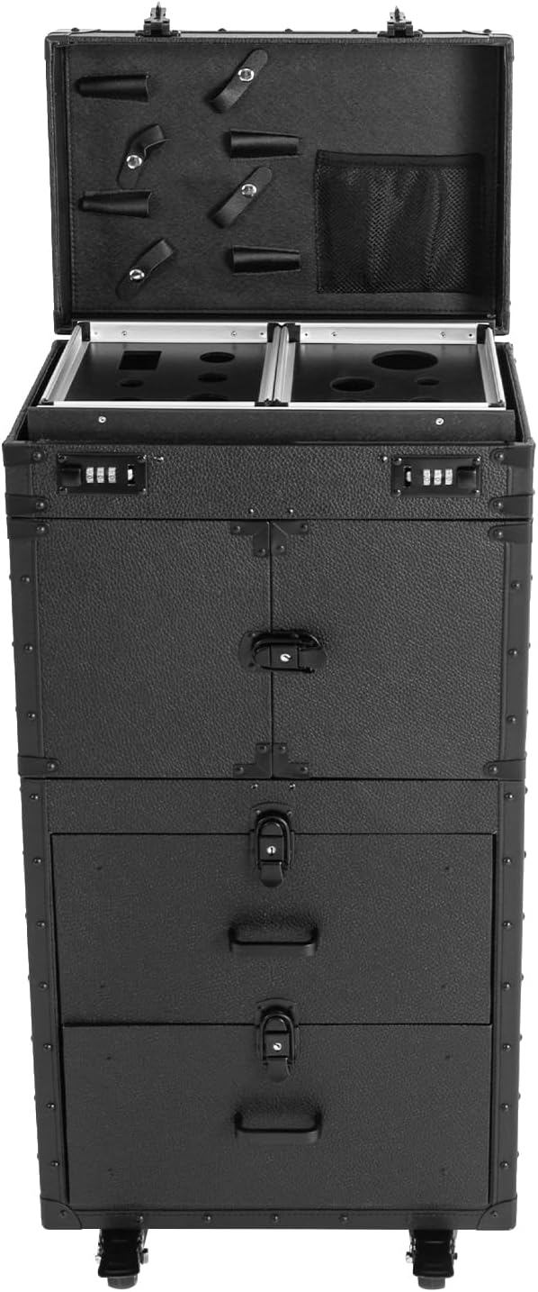 REHOUPTU Large Capacity Cosmetic Train Case, Lockable Makeup Train Case with 4 Universal Casters, 32.28 Inch Tall Travel Organizer Tool Box for Barber Stores Beauty Stores Nail Salons
