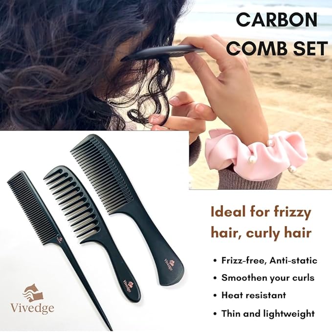 Vivedge Carbon Fiber Hair Comb Set for Curly Hair Woman|Wide Tooth Comb, Parting, Fine Tooth for Detangling, Styling for Natural Fine Straight to Curly, Thick, Wet or Dry Hair (Black-Pink)