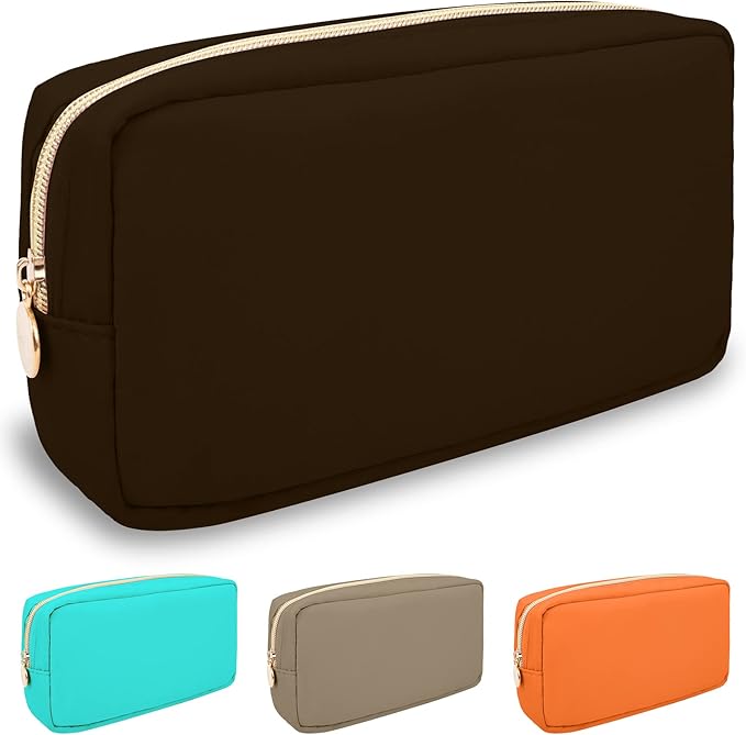 Nylon Small Makeup Bag for Purse, Cute Preppy Makeup Bag Cosmetic Zipper Pouch Purse, Waterproof Portable Travel Toiletry Bag Clutch Make Up Brush Bag Organizer Storage for Women Men Girls(Brown)