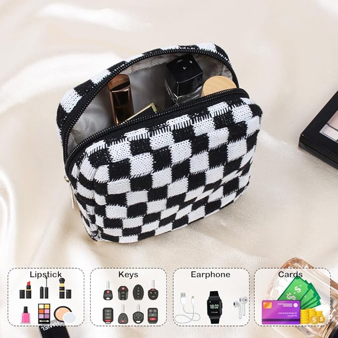 FFpaw 2 Pieces Makeup Bag Set, Small Black Checkered Cosmetic Bag Travel Toiletry Organizer Mini Cosmetic Pouch Case Makeup Brushes Cute Quilted Aesthetic Accessories Storage Bag for Women