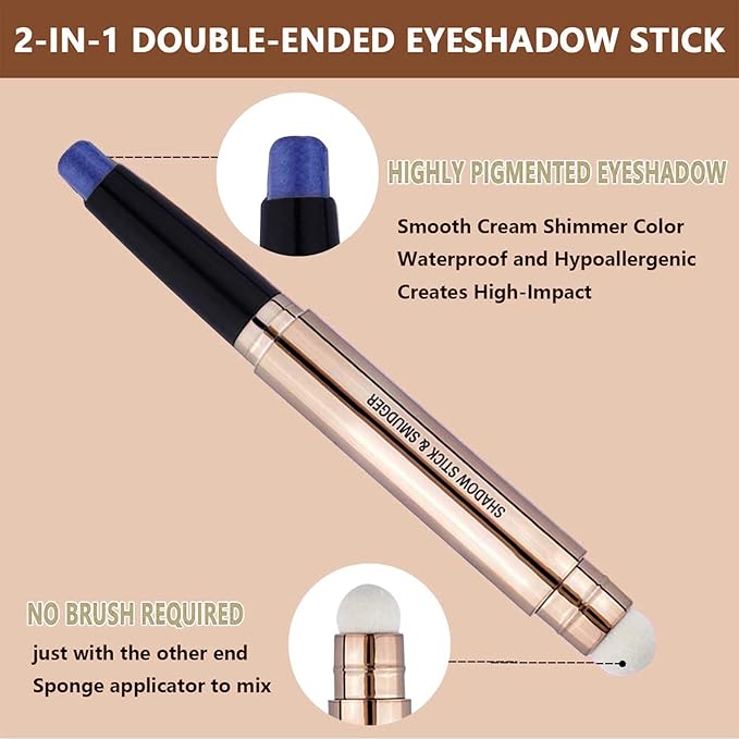 SAUBZEAN Blue Eyeshadow Stick Makeup, Highlighter Matte Cream Eye Shadow Pencil, Waterproof Hypoallergenic Long Lasting Crayon, Glitter Primer Palette Shimmer Eyeliner Pen wiht Soft Brush