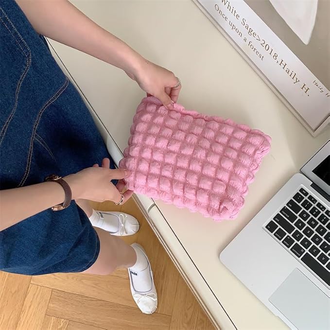 Flat Makeup Bag for Women,Zipper Cosmetic Pouch for Purse,Bubble Candy Pink
