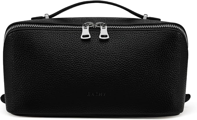 EACHY Travel Makeup Bag, Lychee Leather Large Capacity Cosmetic Bag for Women, Open Flat Toiletry Bag with TPU Brush Compartment, Waterproof Skincare Organizer Travel Essentials