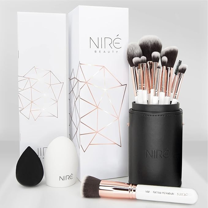 Niré Beauty Travel Makeup Brush Set with Case, 15 Piece, White