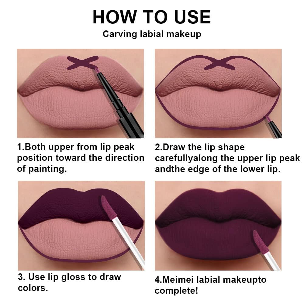 3Pcs 2 in 1 Dark Plum Purple Rose Dark Red Lip Liner and Liquid Lipstick Stain Makeup Set for women, Long Lasting Smudge Proof Lip Tint Matte Finish Lip Gloss for All-Day Color Hold Easy to Use, Set01