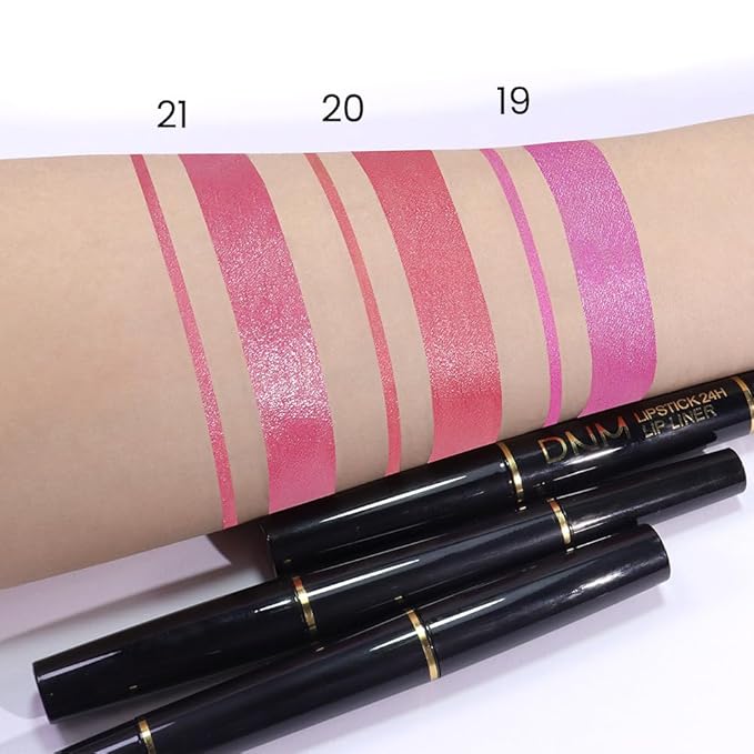 HHLTOH 2-in-1 Fuchsia Lip Liner & Lipstick Set Kit for Women, Metallic Lips Kit with Lip Liner Lip Stains Long Lasting Waterproof 24 Hour Lipstick and Lip Liners Combo Lipliners Pencil Set 19