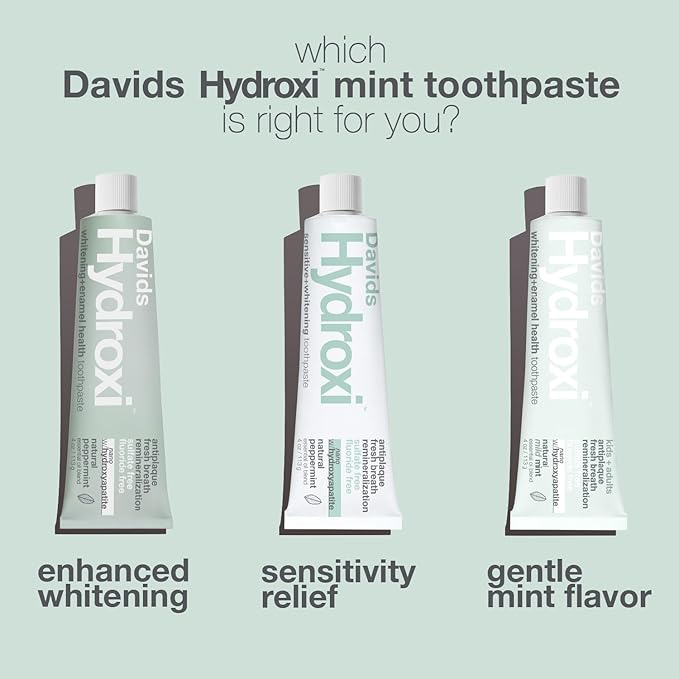 Davids Hydroxi Fluoride Free Nano Hydroxyapatite Toothpaste for Remineralizing, Sensitive Support, Whitening, Antiplaque, SLS Free, Natural Peppermint, 4oz, Made in USA