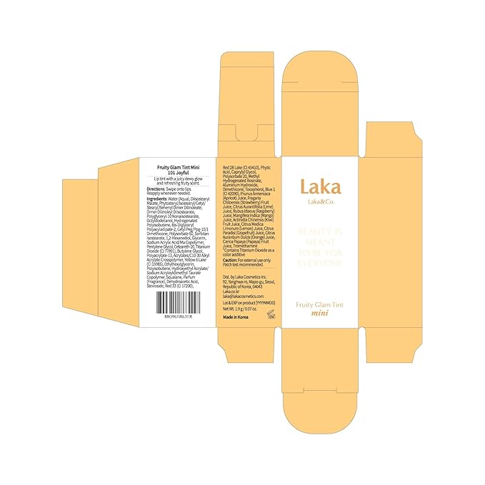 Laka Fruity Glam Lip Tint Mini, 1.9g/0.07oz, Glowing Lip Stain with Wide Color Spectrum, Hydrating & Lightweight Texture, Long-Lasting Bold Stain, Non-Sticky, Vegan, K-Beauty (#101 Joyful)