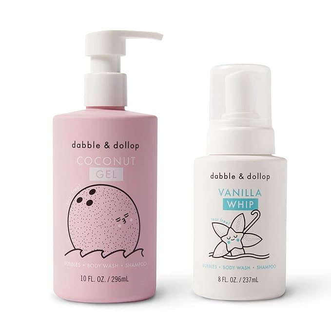 Dabble & Dollop Coconut + Vanilla Kids 3-in-1 Body Wash, Shampoo & Bubble Bath Bundle – Gel + Foam Whip Set, Tear-Free, Gentle, Natural-Origin, Hypoallergenic and Safe for Sensitive Skin (Pack of 2)