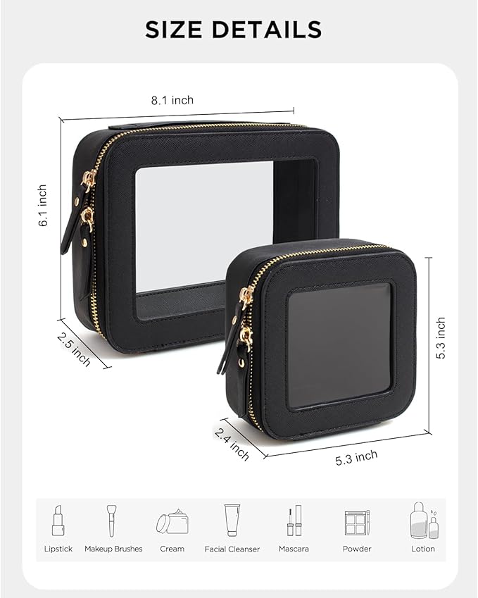 KOTORA Clear Sunscreen Makeup Bag Organizer Set,Portable Travel Toiletry Case for Women, Vegan Leather Cosmetic Pouch Beach Essentials Make Up Bag Organizer Storage Traveling (Black)