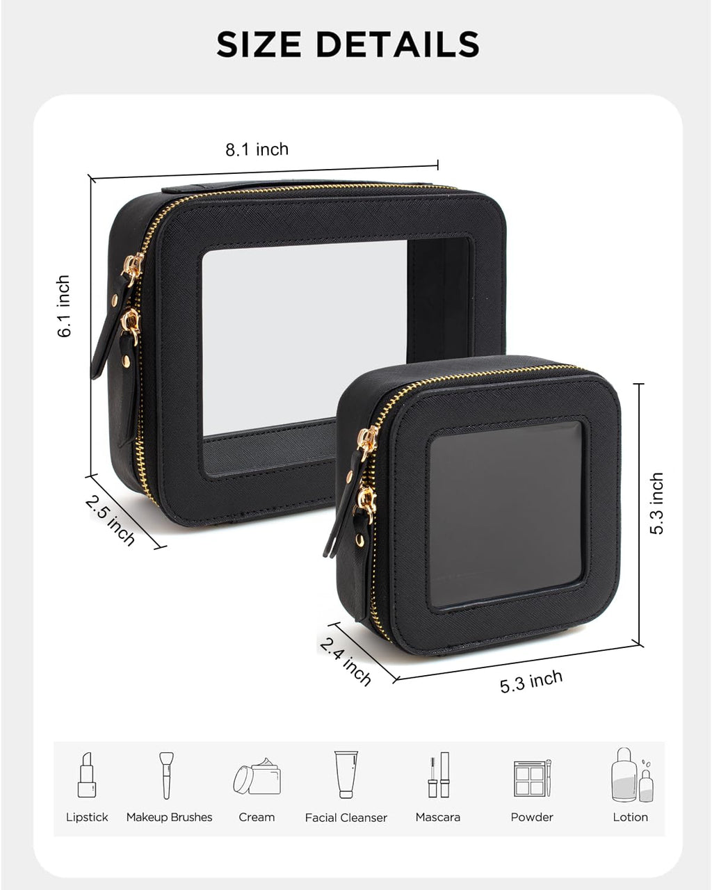 KOTORA Clear Sunscreen Makeup Bag Organizer Set,Portable Travel Toiletry Case for Women, Vegan Leather Cosmetic Pouch Beach Essentials Make Up Bag Organizer Storage Traveling (Black)