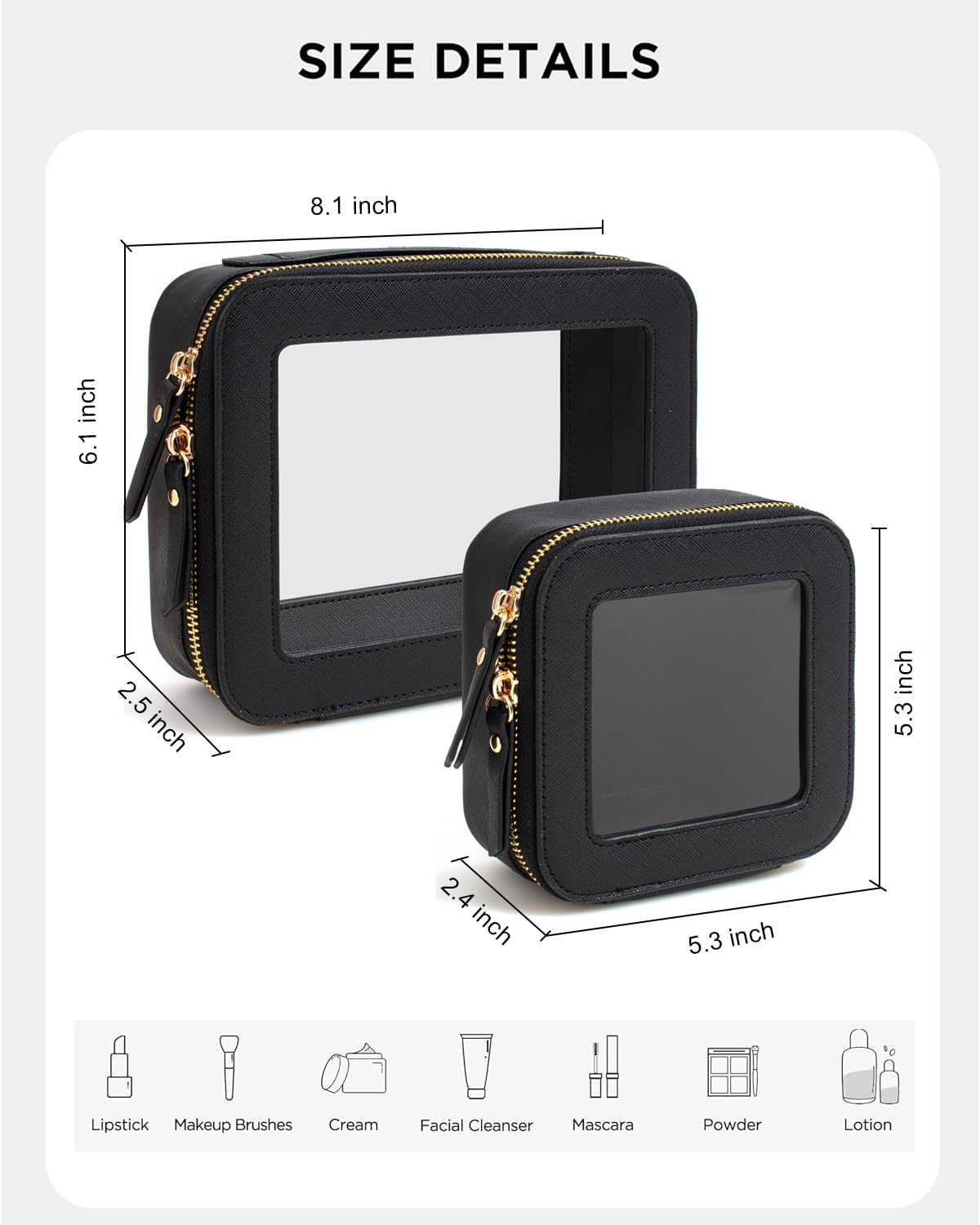 KOTORA Clear Sunscreen Makeup Bag Organizer Set,Portable Travel Toiletry Case for Women, Vegan Leather Cosmetic Pouch Beach Essentials Make Up Bag Organizer Storage Traveling (Black)