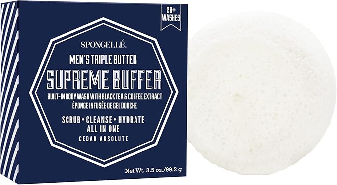 Spongellé Men's Supreme Buffer, Cedar Absolute | 20+ Washes | Body Wash Infused Exfoliating Body Scrubber | Loofah Sponge For Men | Gift for Father's Day, Vegan, Dermatologist-Tested, Made in USA