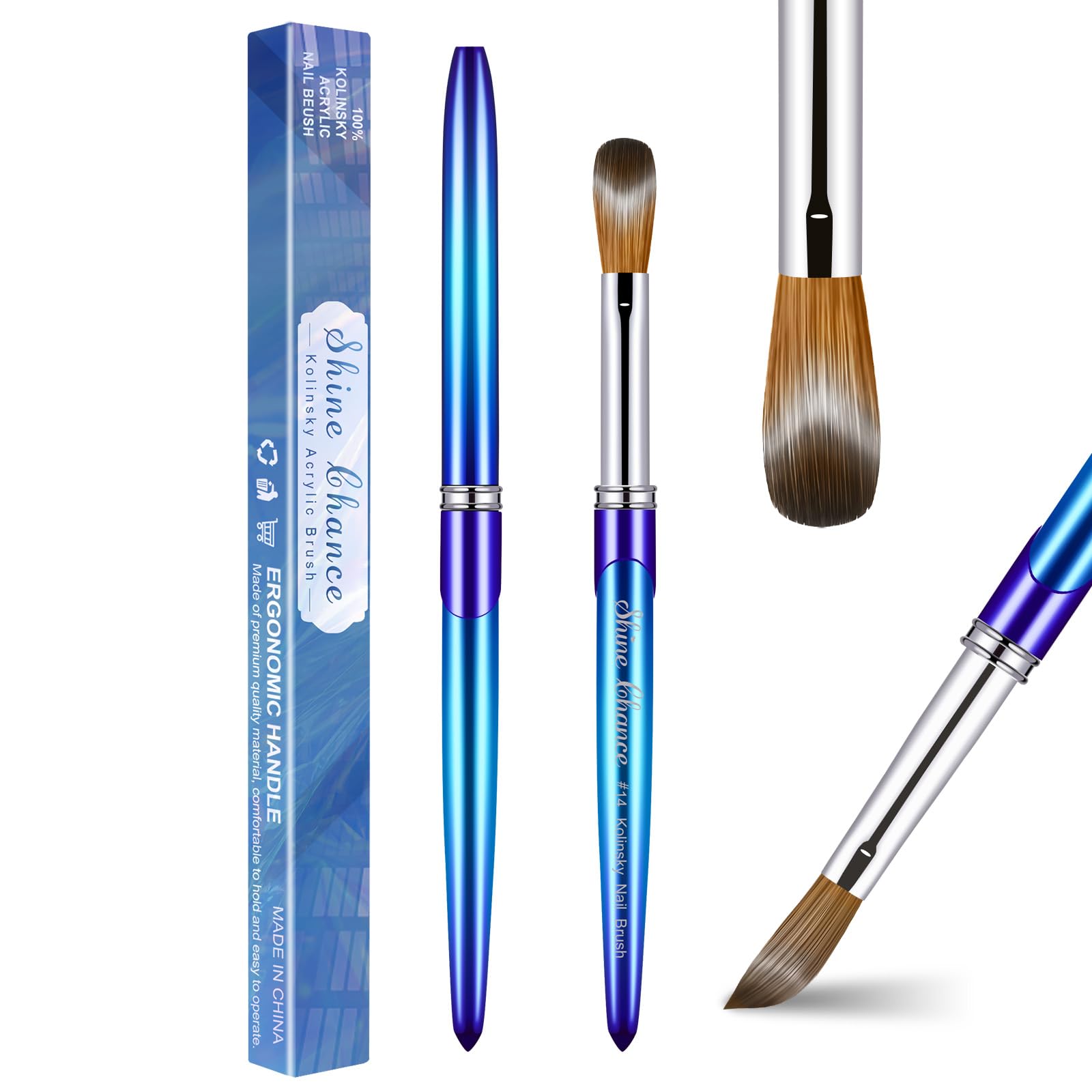 Shine Chance Acrylic Nail Brush Size 14, 100% Pure Kolinsky 3D Art Nail Brush with Gradient Blue Handle, Art Design Powder Nail Brush Pen for Nails Extension & Carving, Acrylic Application Tools