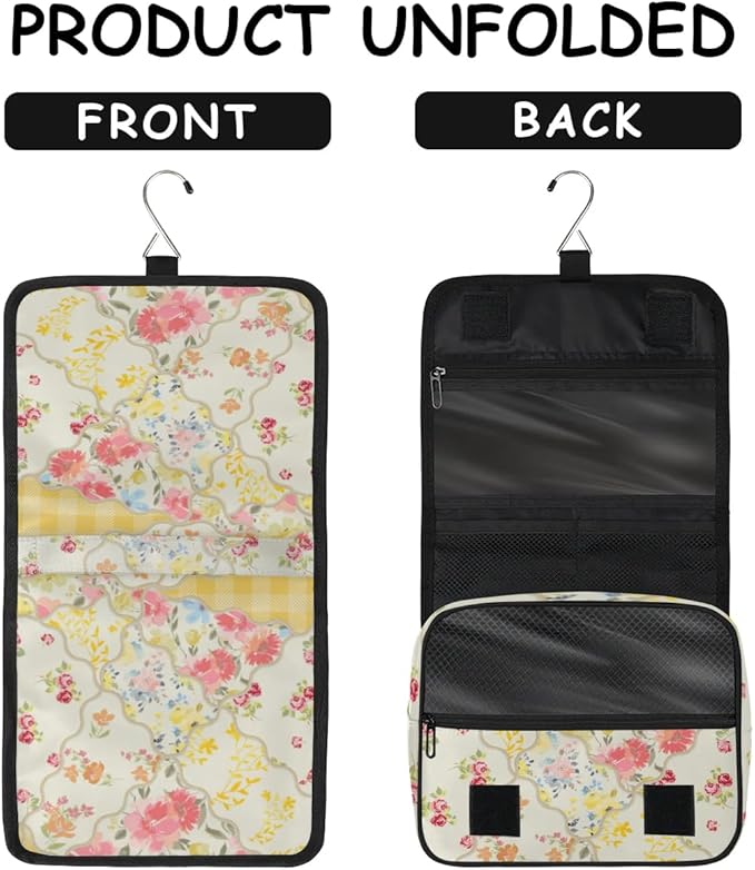 OMFUNS Yellow Flower Travel Toiletry Bag with Hanging Hook for Women and Girls, Rose Floral Cosmetic Makeup Case Organizer for Accessories, Shampoo, Full Sized Container, Toiletries