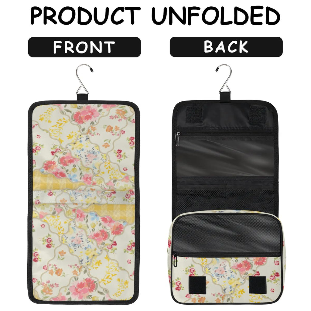 OMFUNS Yellow Flower Travel Toiletry Bag with Hanging Hook for Women and Girls, Rose Floral Cosmetic Makeup Case Organizer for Accessories, Shampoo, Full Sized Container, Toiletries