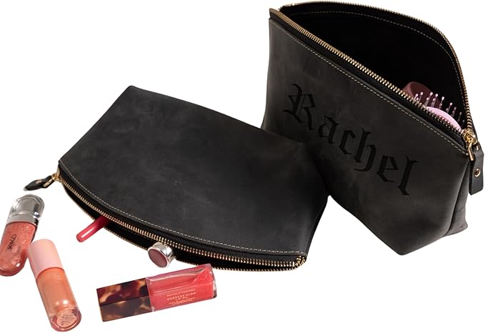 HARDISTON Personalized Leather Makeup Bag, Cosmetic Bag with Italian Zipper