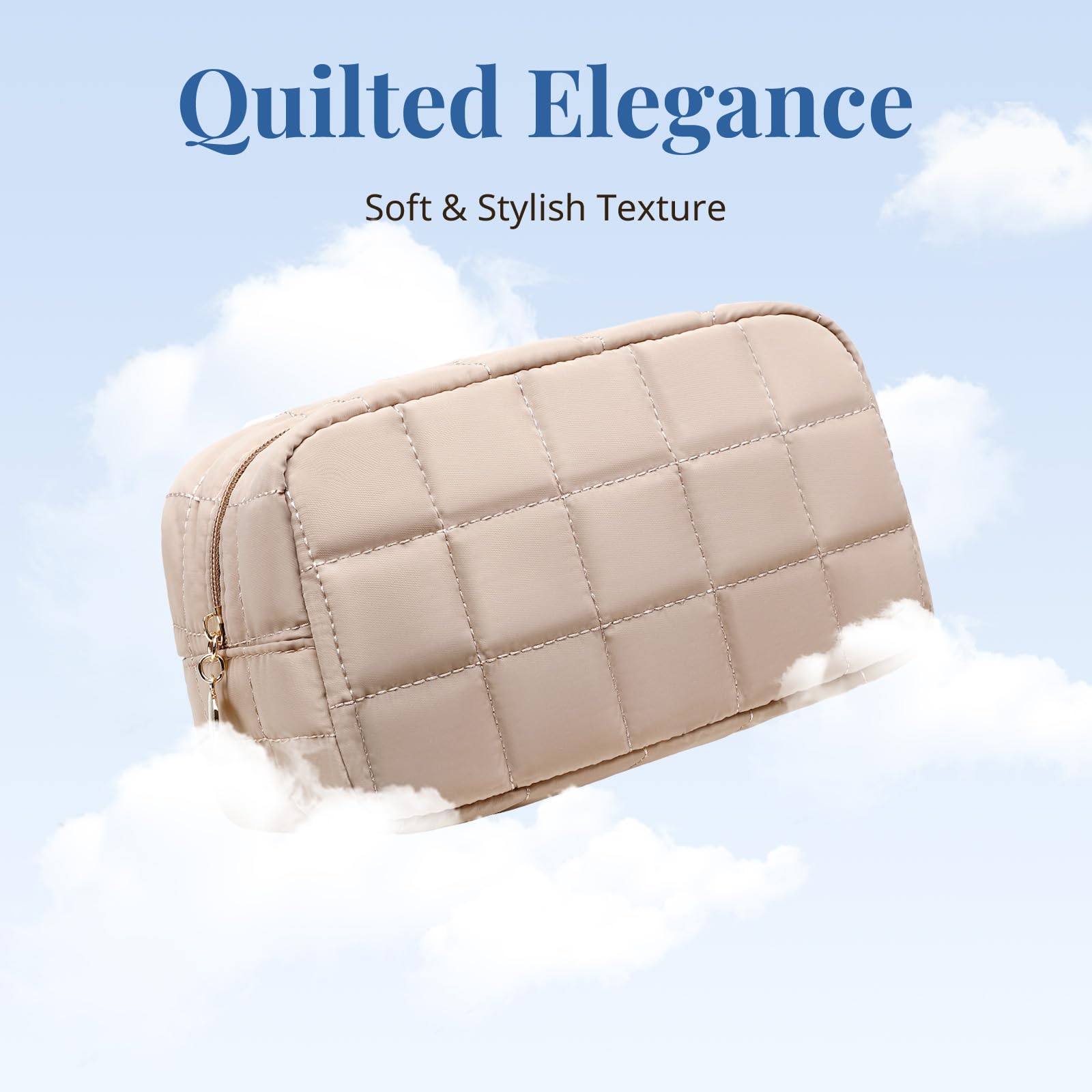 LOVELYWIND Makeup Bag, Quilted Puffy Travel Toiletry Bag with Compartments, Wide-Open Cosmetic Bag for Women, Pouch Purse Organizer, Camel