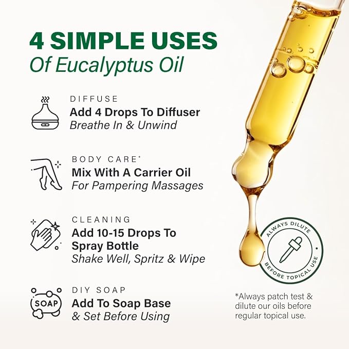 100% Pure Eucalyptus Oil - 4 Fl Oz Eucalyptus Essential Oil for Hair, Skin, Diffuser, Aromatherapy & DIY Soap Making Scent