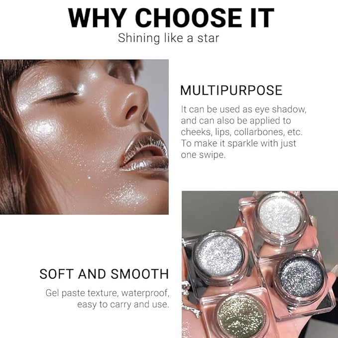 FeiCuiYun Single Cream Glitter Eyeshadow, Shimmer Eyeshadow Palette, Korean Eye Glitter Makeup, Ultra-Blendable, Sparkle Silver Eye Shadow, Single Shade Metallic Pigmented (Sparkle white)