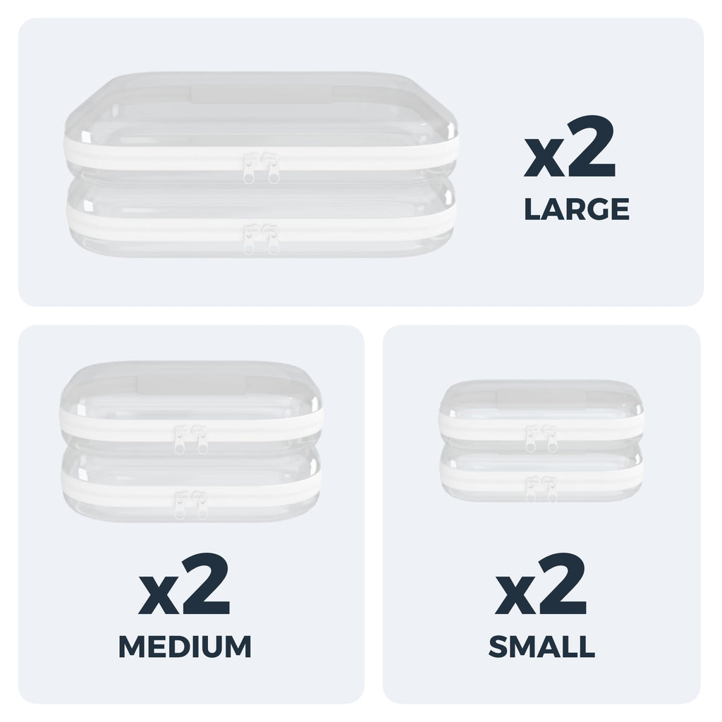 Extra Large 13.7" Heavy Duty Clear Hard Shell Zipper Case 6 Pack, 2x Large, 2x Medium, 2x Small, Clear Travel Makeup Case, Hard Plastic Travel Toiletry & Cosmetic Bag, Toy & Make Up Organizer Pouch