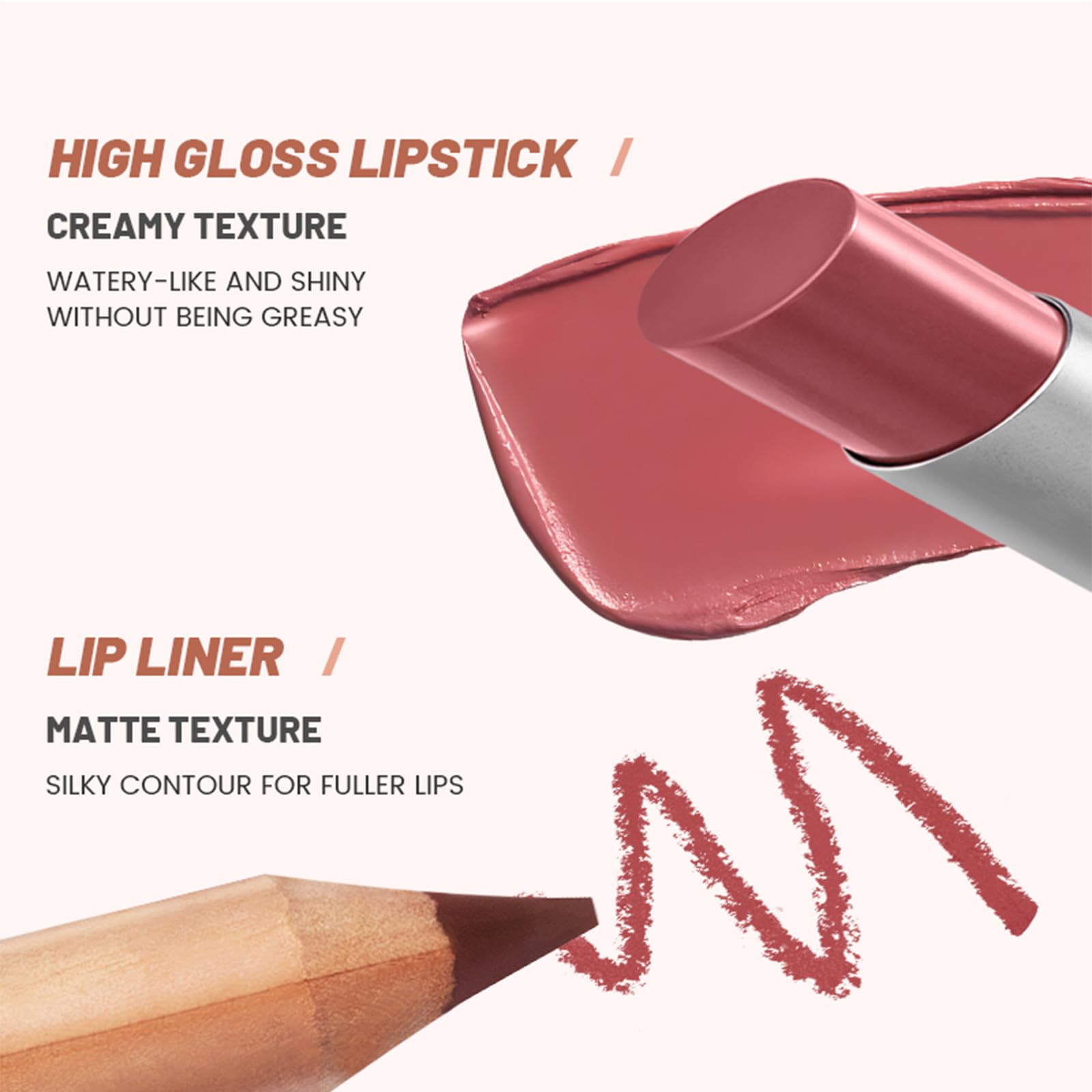 Erinde 2pcs Lip Liner and Lipstick Combo Set, Matte Lipliner Pencil & Hydrating Lip Gloss Makeup Kits for Women, Waterproof, Long Lasting, Highly Pigmented, Nude Brown Natural Lipstick, 07