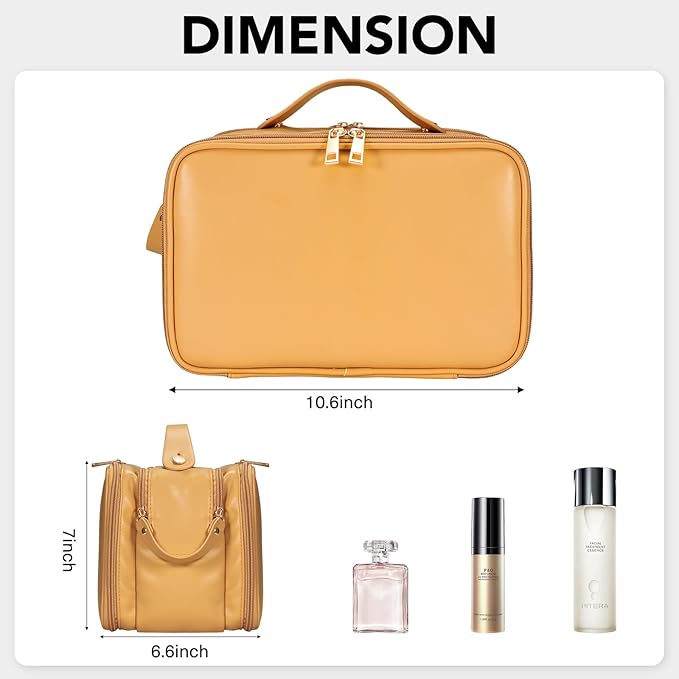 HauteHues Travel Makeup Bag Women's Large Capacity Cosmetic Portable Organizer Large Opening Waterproof Storage Toiletry Bags Vertical Free-Standing Brush Holder for Easy Access Orange