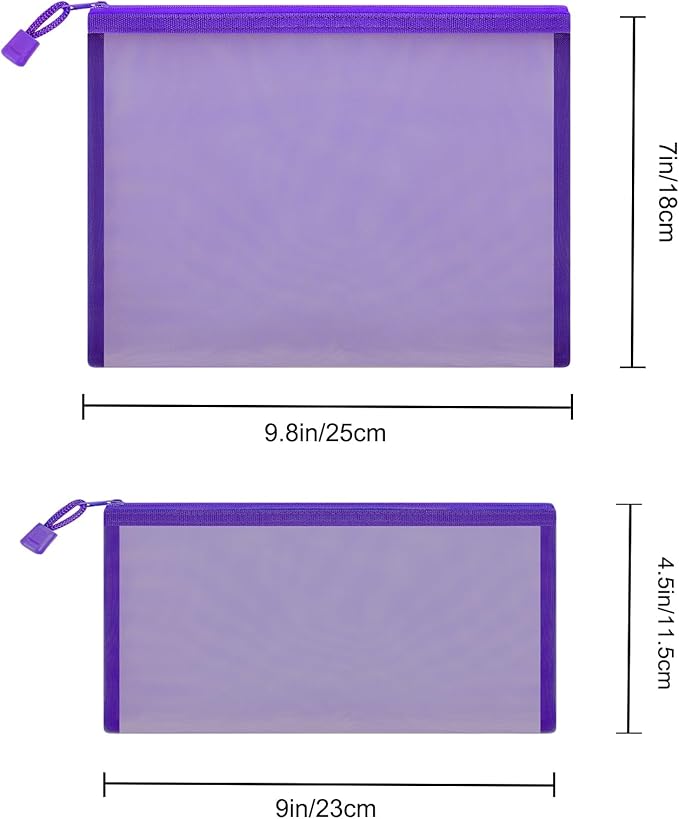 Sinzip 12 Pieces Zipper Nylon Mesh Pouch, Mesh Cosmetic Bags Makeup Bags Pencil Case, Multipurpose Travel Bags for Cosmetic School Office Supplies and Travel Accessories (Purple, A5)