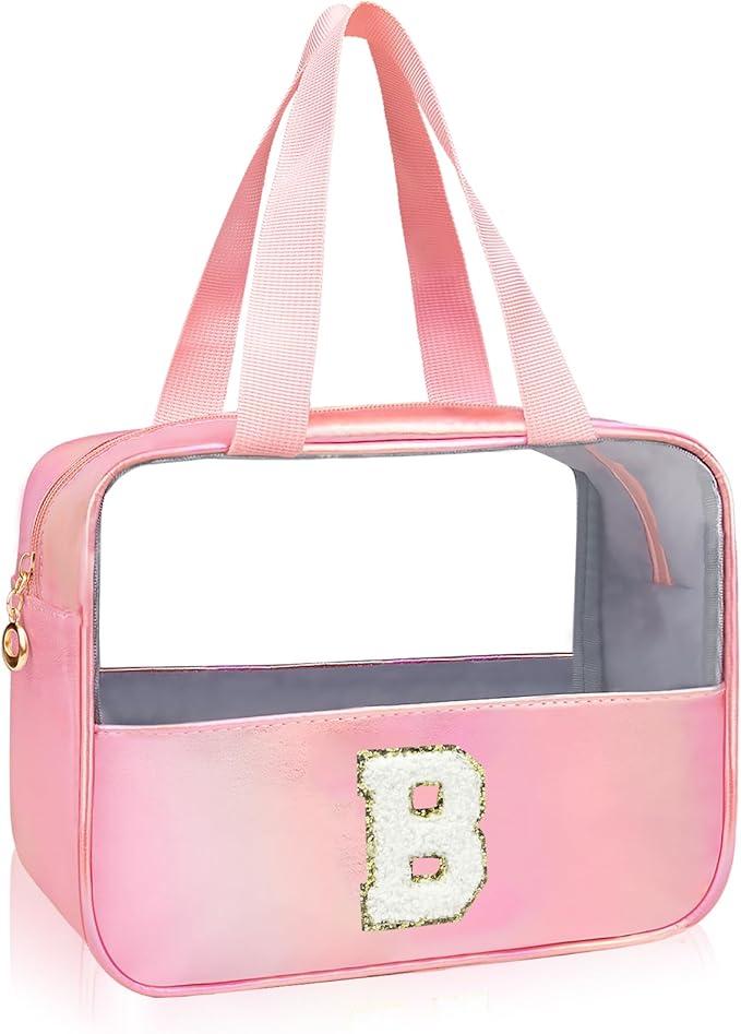 Junesters Initial Clear Makeup Bag Personalized Pink Clear Cosmetic Bag, Cute Large Make Up Bags Organizer Bag, Travel Toiletry Bag for Women Girl Gifts B (Pink)
