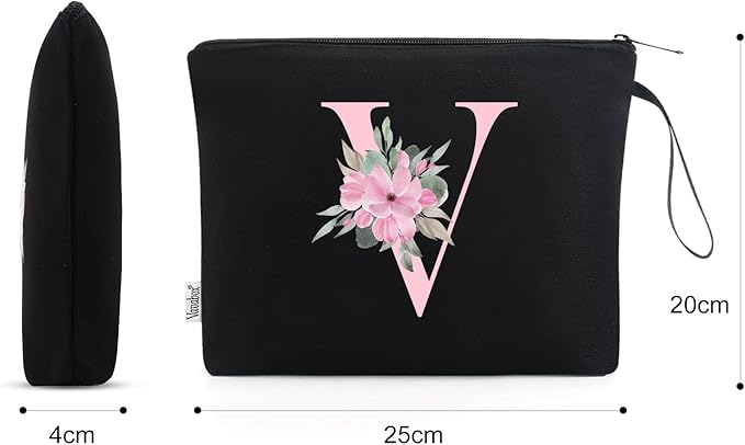 Vavabox A-Z Personalized Makeup Bag, Birthday Gifts for Women Mom, Gifts for Best Friend, Bride Bridesmaid Cosmetic bag (V, 02-Black)