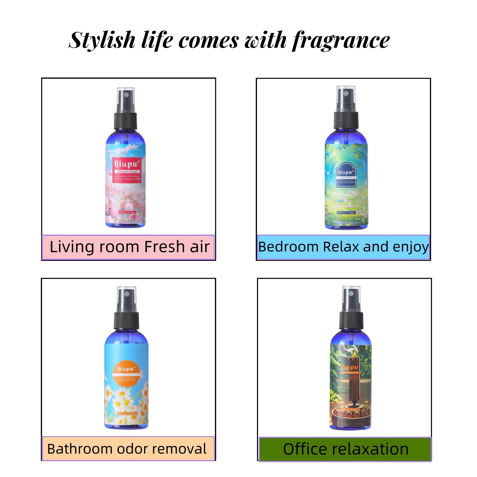 Natural Bedroom Linen Spray Scented Room Mist with Plant Extracts Long Lasting Freshness for Sheets, Pillows & Curtains –Ebony Agarwood + Misty Forest + Chamomile + Romantic Rose 4oz（4 Bottle）