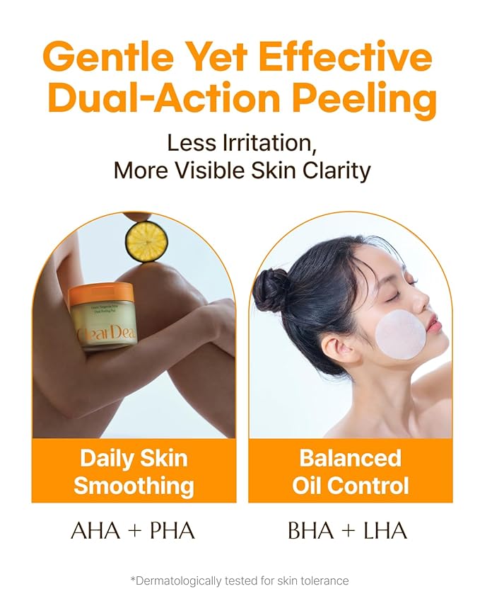 ClearDea Green Tangerine Dual Peeling Pad – Korean Exfoliating Toner Pads with 4HA Complex, Jeju Citrus Vinegar, Oil Control, Dual-Sided Texture, Hydrating & Smoothing, 50 Pads