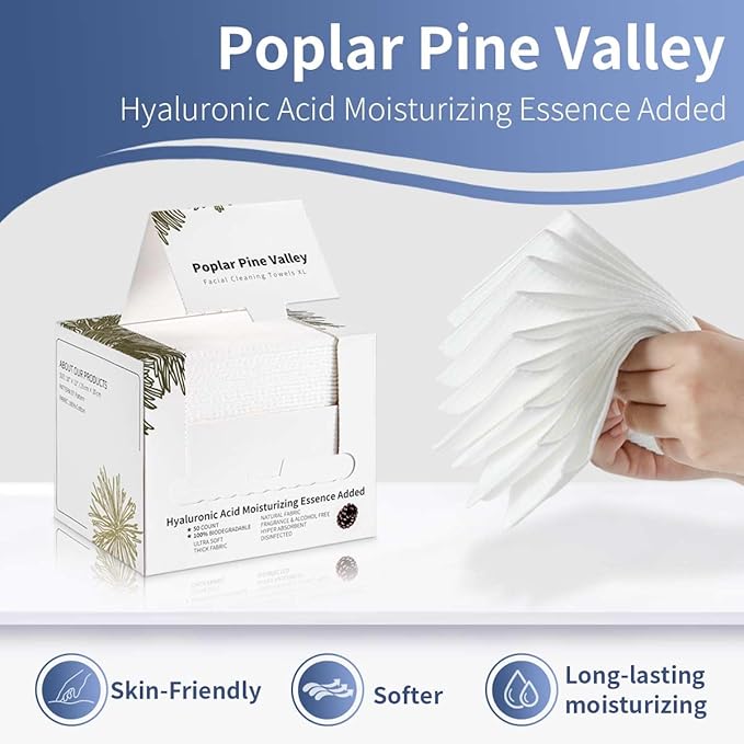 Poplar Pine Valley, Clean Towels XL for Face, Makeup Remover Dry Wipes, Hyaluronic Acid, Cleansing and Moisturizing, Skincare Towels, Cotton, Thick Soft, Travel, 50 Ct, 1 Pack, White