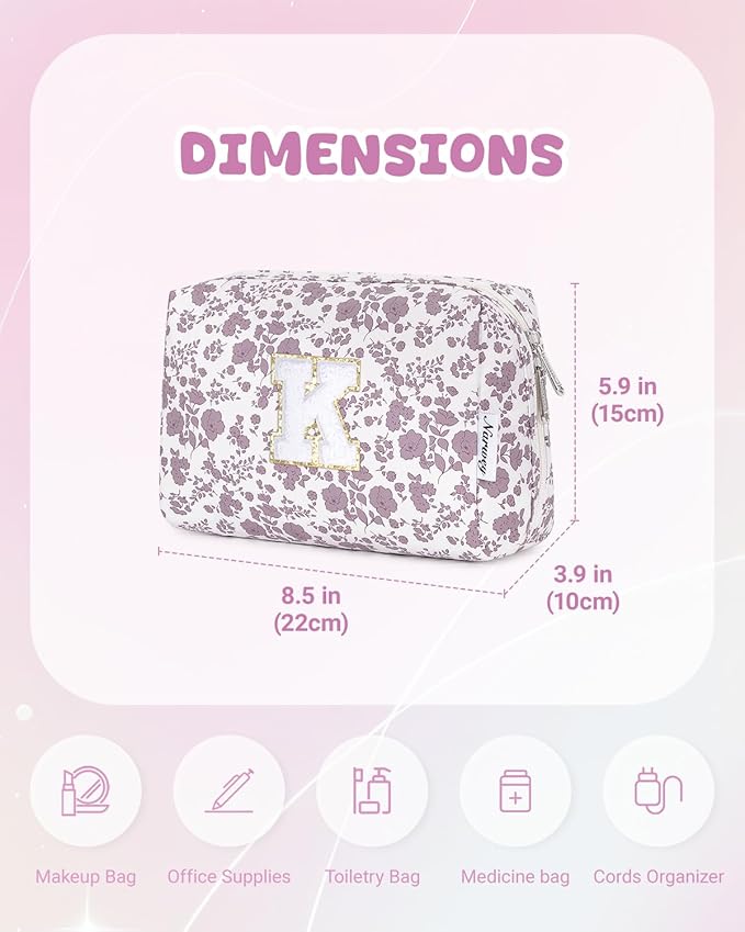 Narwey Birthday Gifts for Teen Girls Kids Women Personalized Initial Floral Makeup Bag Cute Cosmetic Trendy Stuff 6 8 10 11 12 13 14 16 18 Years Old Travel Toiletry Bag (Little Dusty Pink Flower K)