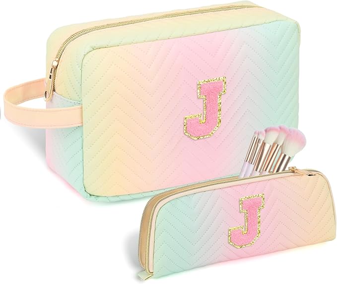 Sernaxi Personalized Initial Makeup Bag Waterproof Leather Cosmetic Bag Travel Toiletry Bag, Valentine’s Day Gift Makeup Organizer Case & Makeup Pouch for Women Teen Girls Mom Girlfriend Wife