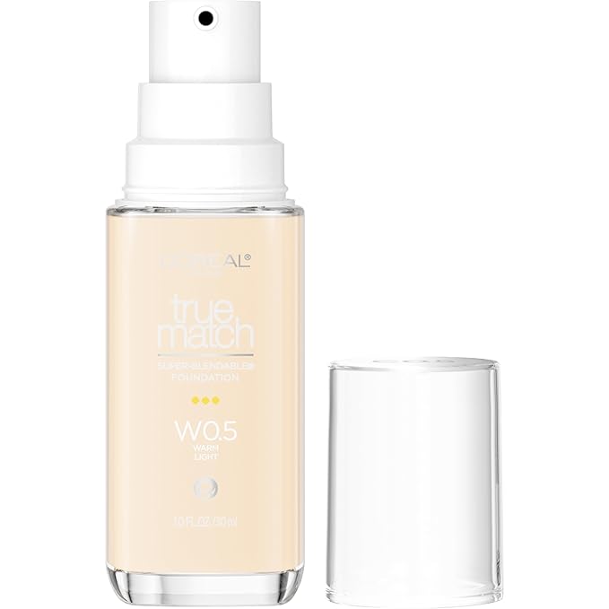 L'Oreal Paris True Match Super-Blendable Foundation, Medium Coverage Liquid Foundation Makeup with SPF 17, W0.5, Light, 1 Fl Oz