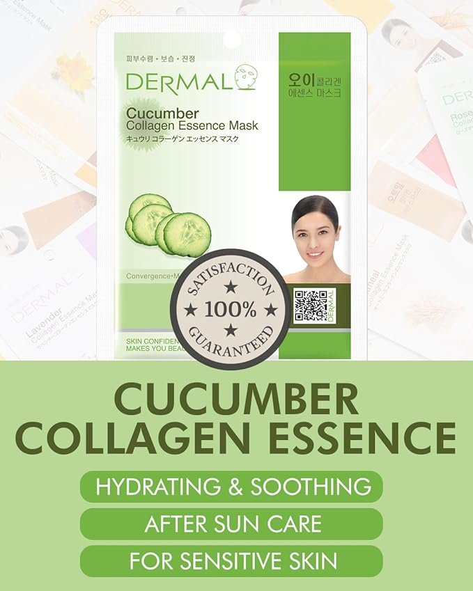 DERMAL Cucumber Collagen Cooling Sheet Mask, Soothing Hydration, 10 Pack