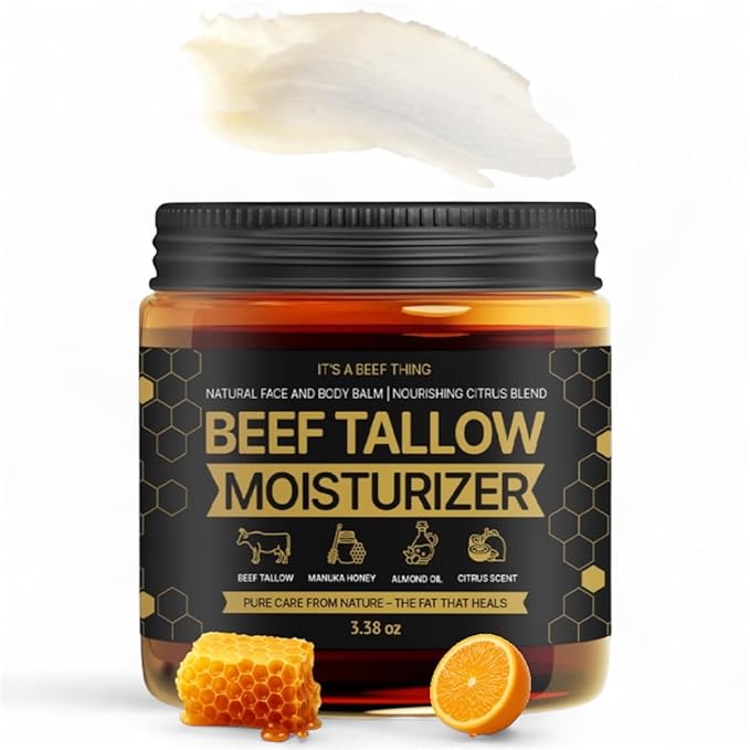 Tallow and Honey Balm for Skin & Face - 100% Grass-Fed Organic Whipped Beef Tallow Moisturizer with Manuka Honey, Sweet Almond Oil & Light Citrus Scent - Deep Barrier Repair & Body Butter (3.38 oz)