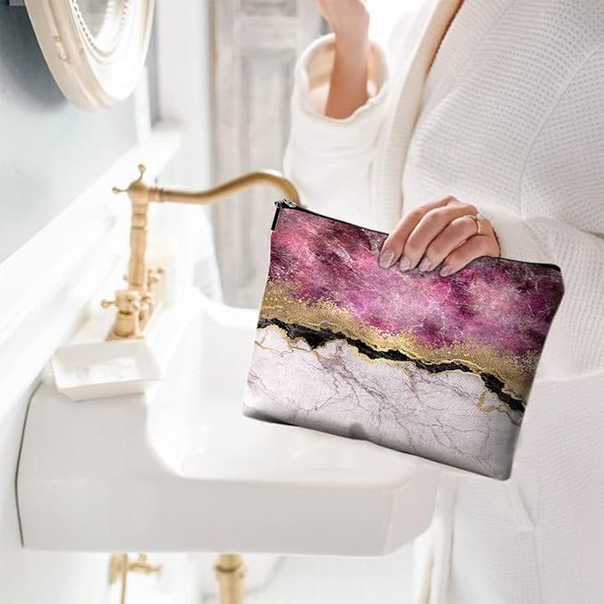 Givotin Cute Makeup Bag for Purse Canvas Waterproof Funny Cosmetic Bags for Women Zipper Travel Toiletry Pouch-Wine Marble Makeup Bags