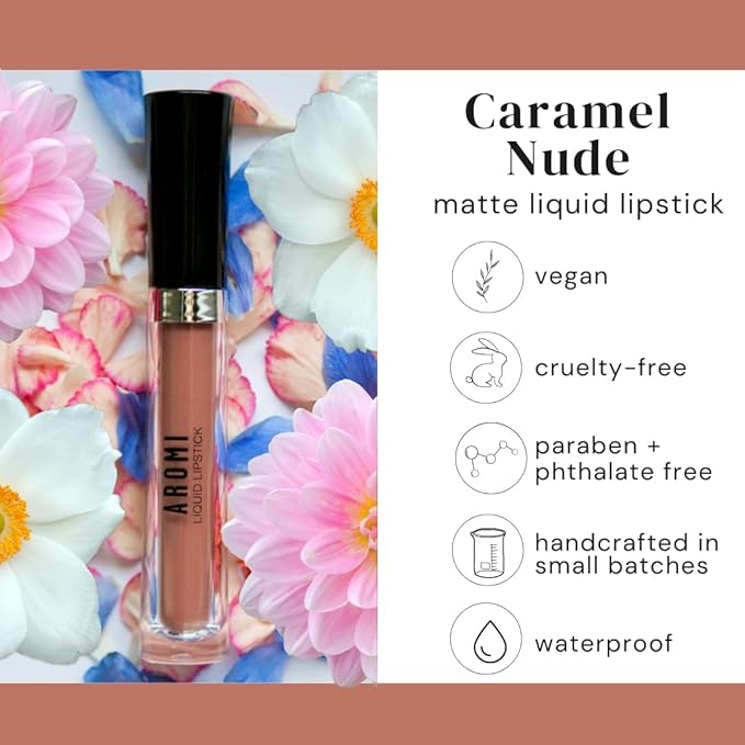 Aromi Matte Liquid Lipstick | Long-Lasting, Sand Beige Lip Color for Women, Tan Shade, Waterproof, Smudge + Transfer Proof (Caramel Nude)