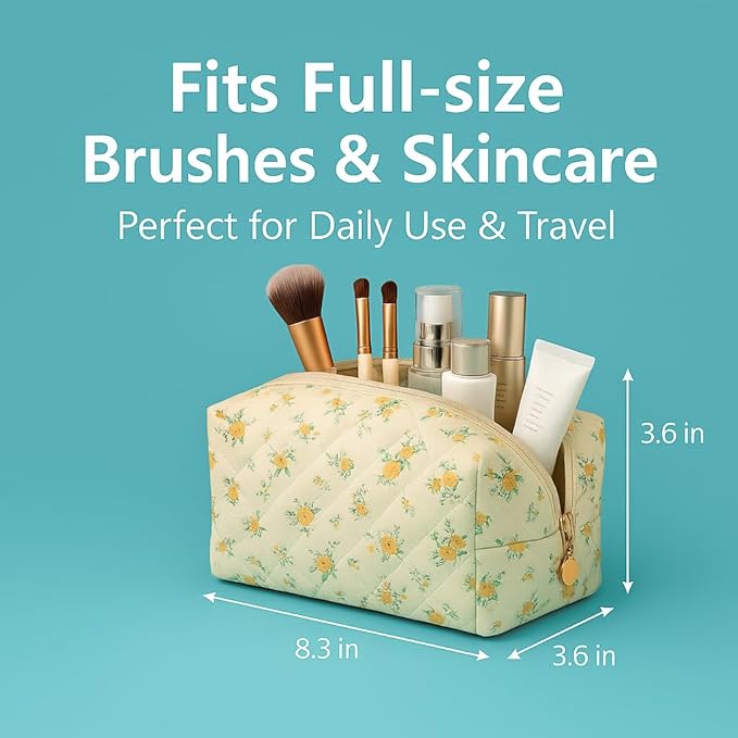 OIMEI Floral Quilted Cotton Makeup Bag for Women, Large Capacity Travel Cosmetic Pouch with Zipper, Cute Toiletry & Brush Organizer, Kawaii Makeup Storage Case – Yellow/Orange Flowers