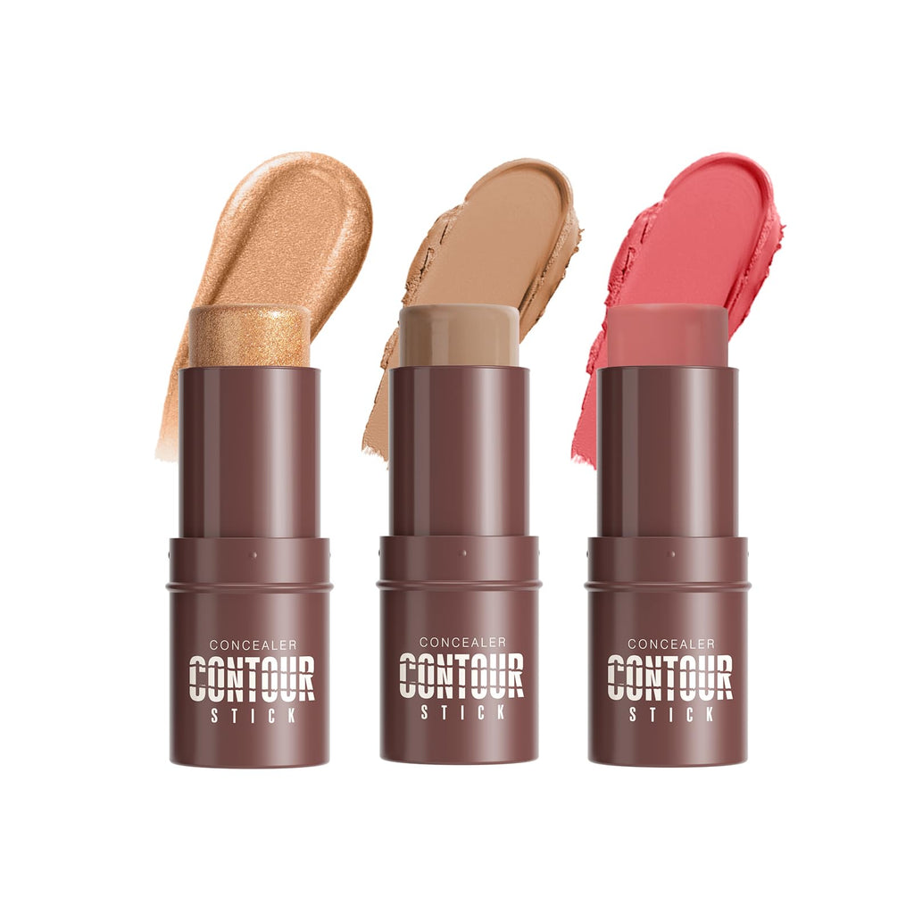 3Pcs Cream Contour Sticks, Shades with Highlighter & Blush & Bronzer Stick, Makeup Contour Stick Set for Sculpt the Cheeks Long Lasting Dewy & Matte Finish Lightweight LIGHT MEDIUM (SET-C)