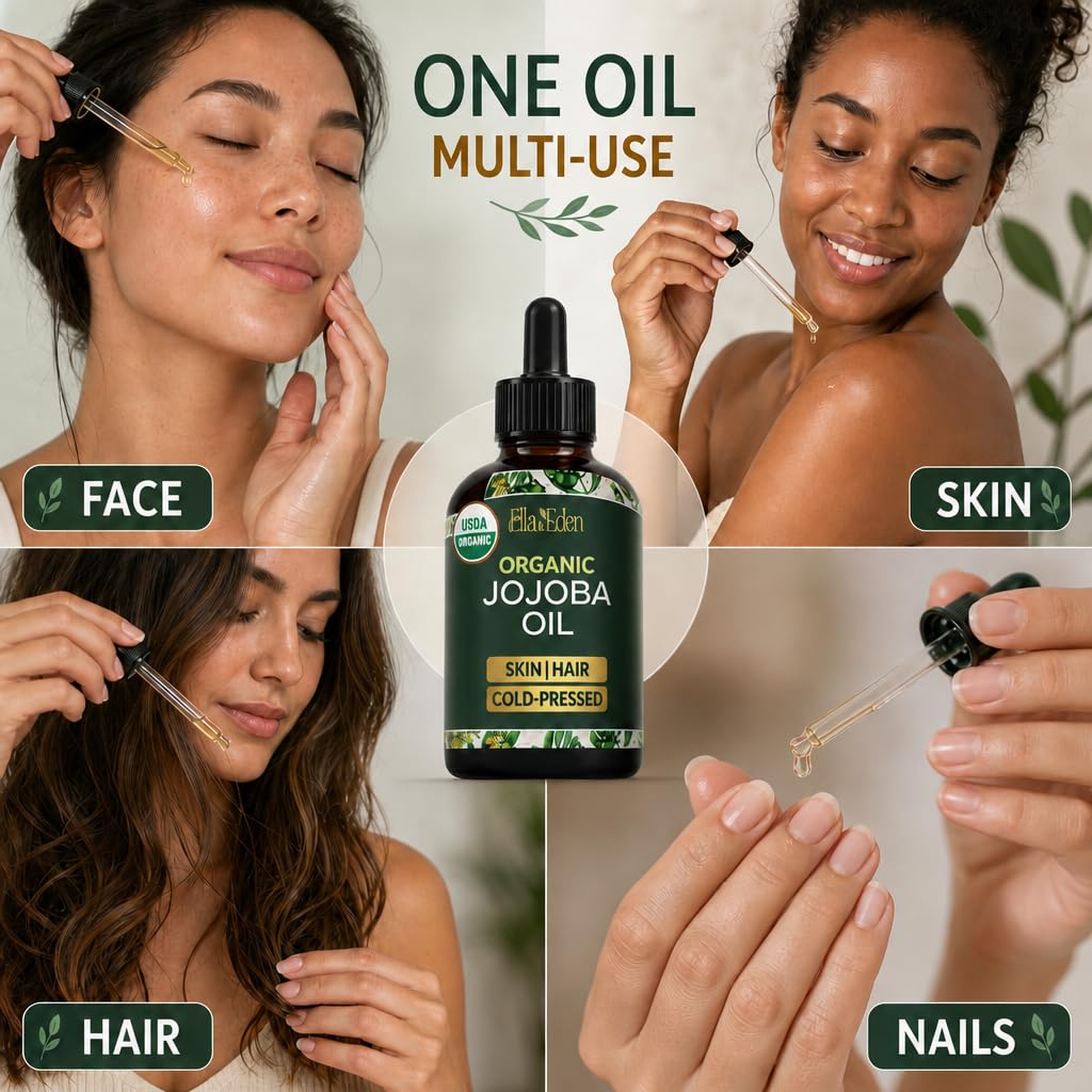 Organic Jojoba Oil, 100% Pure Cold-Pressed for Face, Skin & Hair, 4 Oz