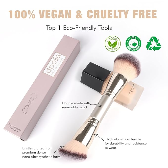 Dual-Ended Makeup Brush: Round & Angled Powder Brush, 100% Vegan Synthetic Blush Brush for Cheeks, Foundation Brush Flawless Blending and Application of Liquid, Powder, Cream, Blush
