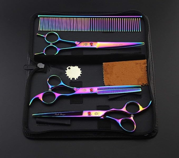 Purple Dragon 7" Dog Grooming Scissors Set with Rhinestone Accent - Rainbow
